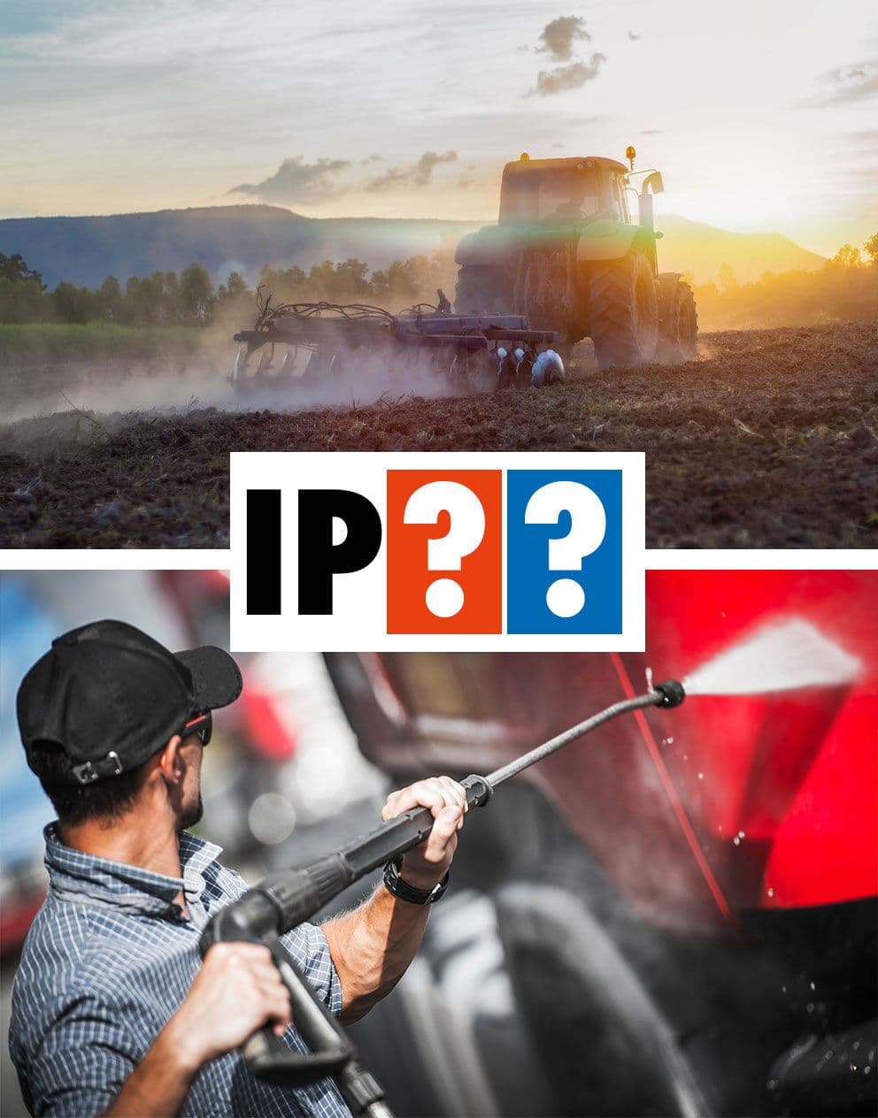 Infografik zu IP-Schutzklassen – Staubschutz und Wasserschutz für technische Geräte mit Beispielanwendungen in Landwirtschaft und Hochdruckreinigung.
